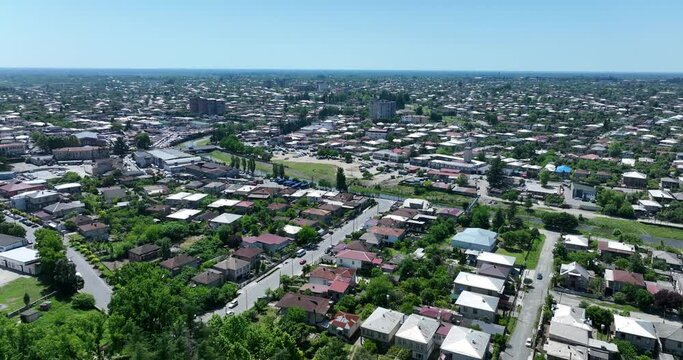 Flying over the center of Zugdidi city in Samegrelo. Georgia