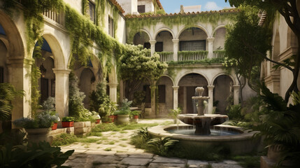 Fototapeta na wymiar Courtyard and gardens of a Mediterranean style coastal house with the use of lush greenery and fragrant flowers in tranquil oases