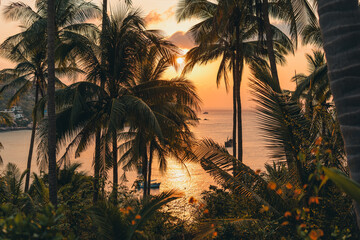 Fototapeta na wymiar Palm trees and morning sun on the island