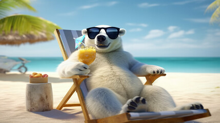 polar bear on the beach in a deck chair with sunglasses - obrazy, fototapety, plakaty