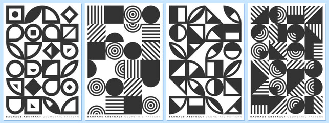 Abstract geometric bauhaus style shapes combination poster set. Memphis elements background collection. Modern trendy forms paintings. Retro graphic patterns. Vintage simple vector eps prints design