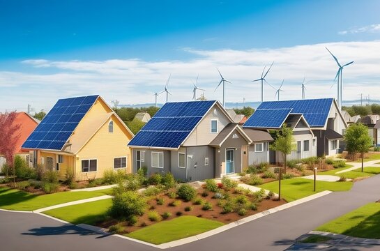 A row of houses with solar panels on the roof. Concept eco green renewable energy. Generation AI