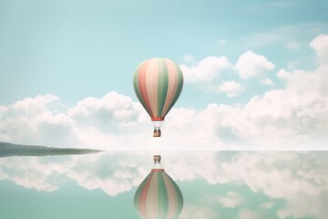 Illustration of a colorful hot air balloon soaring through the clouds, Generative AI