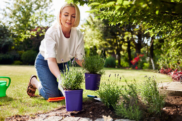 Adult woman planning garden arrangement working in backyard