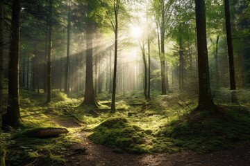 Fototapeta na wymiar Illustration of a serene path winding through a verdant forest, Generative AI