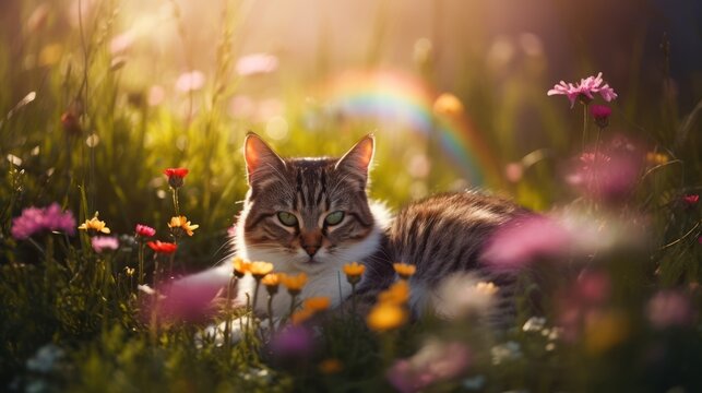 cat and flowers HD 8K wallpaper Stock Photographic Image