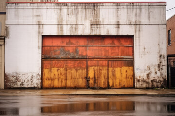 Front view of a warehouse with worn door