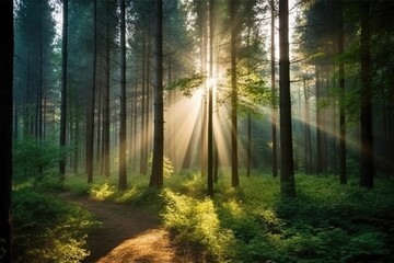 Obraz premium Illustration of sun rays shining through the trees in a lush forest, Generative AI