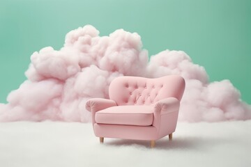 A pink chair in a dreamy cloud-filled environment - obrazy, fototapety, plakaty