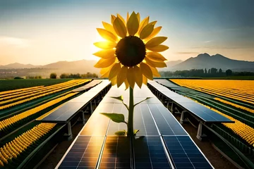 Rolgordijnen a sunflower with solar panels integrated into its petals, symbolizing the harmony between nature and sustainable energy generation © Beste stock