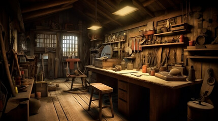 Woodworking workshop. mid-century era