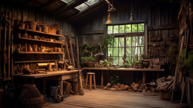 An old brick shed type wood worker or carpenter's work place with old tools
