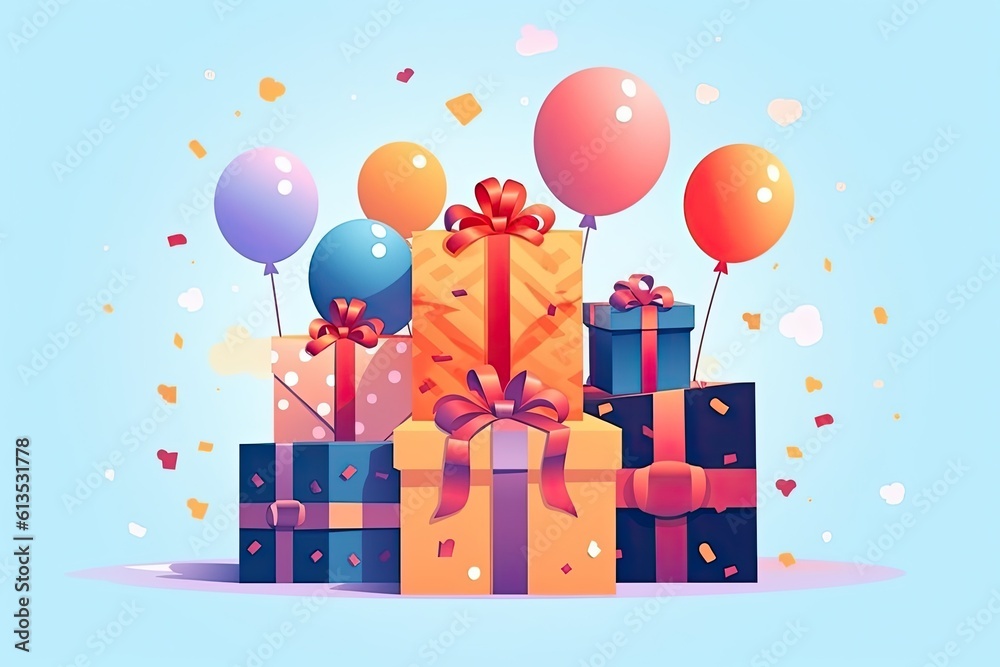 Poster multi-colored paper boxes with secret presents attached to bright inflatable balloons