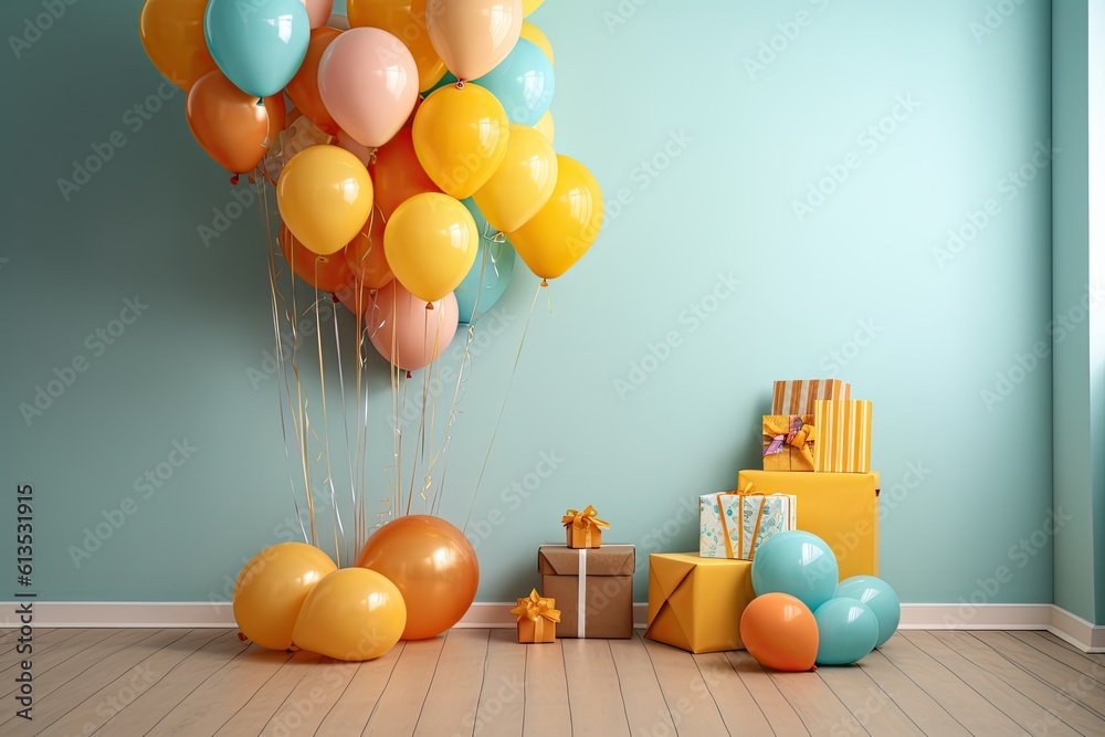Aufkleber Present boxes of different sizes standing near bunch of multi-colored inflatable balloons