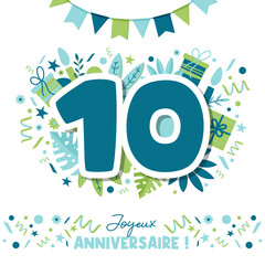 Joyeux anniversaire - 10 ans - Carte d'invitation - Textes et illustrations vectoriels éditable sur le thème de l'anniversaire et des festivités - Éléments décoratifs joyeux et modernes - Enfant