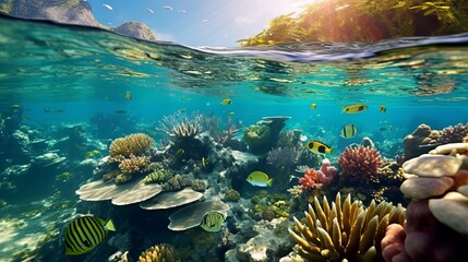 Fototapeta na wymiar Tropical Seabed's Vibrant Reef and Sunlit Waters, A Kaleidoscope of Life Above and Below