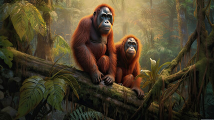 Obraz premium Family of wild orangutans in the jungle. Generative AI