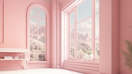 View form window, pastel pearl pink walls 3d render. Generative Ai