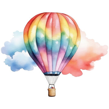 A colorful hot air balloon is flying in the sky, Watercolor illustration AI Generative