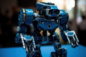 Naklejka premium A blue metal robot. Robotics and electronics. DIY robotics. STEM and STEAM education for kids