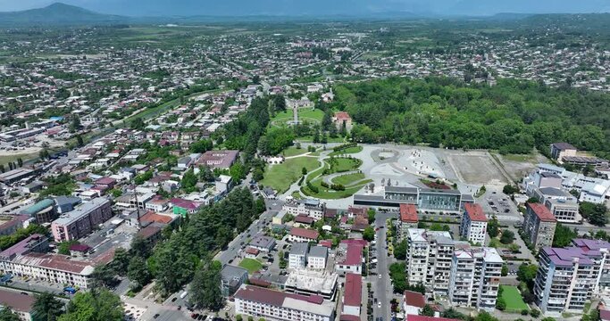 Flying over the center of Zugdidi city in Samegrelo. Georgia