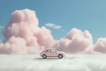 Obraz na płótnie Canvas Illustration of a pink car floating in a dreamy, cloud-filled sky, Generative AI