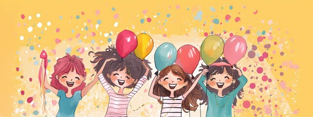 Obraz na płótnie Canvas Illustration of cheerful kids holding multi-colored inflatable balloons under falling confetti