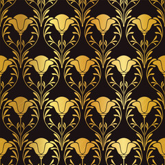 Metallic Gold Poppy Flower Damask Motif  Seamless Vector Repeat Pattern
