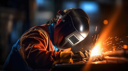 Closeup of a Man Welding in Protective Gear. Illustrates Metallurgy, Engineering, Construction, and Fabrication Work. With Licensed Generative AI Technology Assistance.