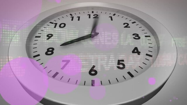 Animation of stock maket data processing and purple spots against close up of a ticking clock