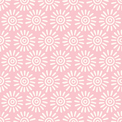 Fototapeta na wymiar Pink Sunshine Flower Doodle Motif Seamless Vector Repeat Pattern