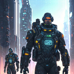 Obraz premium futuristic of future soldier army in armor suit at modern world, generative AI