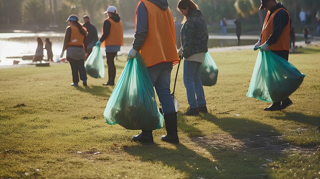 Volunteer workers equipped with clean-up bags. Community service, environmental responsibility, and the collective effort to maintain cleanliness and preserve our planet. Generative AI