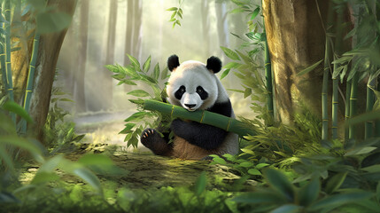 Naklejka na ściany i meble Giant panda in the jungle. Ai generative.
