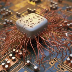 Neurona conectada a un circuito electrónico de inteligencia artificial - obrazy, fototapety, plakaty