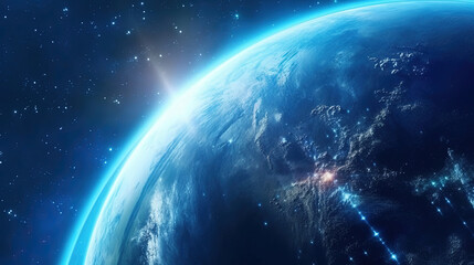 Obraz premium Blue planet and blue stars space 