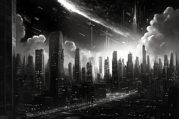 A black and white, futuristic and digital looking version of skyine. AI generative