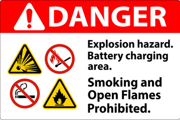 Obraz premium Danger Sign Explosion Hazard, Battery Charging Area, Smoking And Open Flames Prohibited