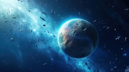 Obraz premium Blue planet and blue stars space 