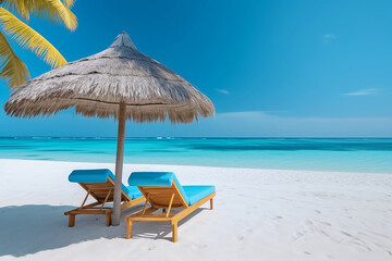 Beautiful tropical sunset scenery, two sun beds, loungers, umbrella under palm tree. White sand, sea view with horizon, colorful twilight sky, calmness and relaxation. Inspirational beach resort hotel