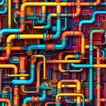 Intricate seamless pattern with a lot of industrial pipes and valves. Repetitive steampunk background. Generative AI