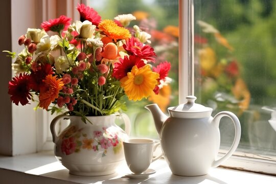 Cup of tea with summer flowers on windowsill. Generative AI. Digital Art Illustration