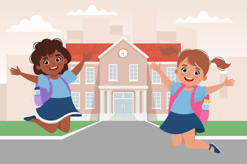 Obraz na płótnie Canvas Pupils Girls with school bags near school building, happy children. Back to school concept