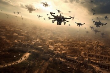 Naklejka premium unmanned RC military drone flies over mountains with white clouds on a blue sky background