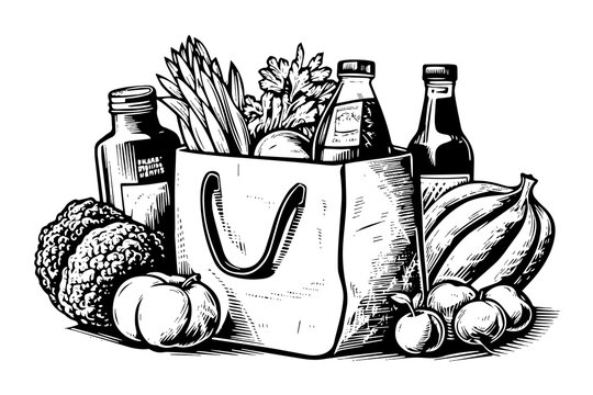 Grocery bag full of fruits and drinks engraving sketch vector hand-drawn illustration.