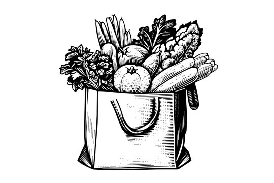 Grocery bag full of food engraving sketch vector hand-drawn illustration.