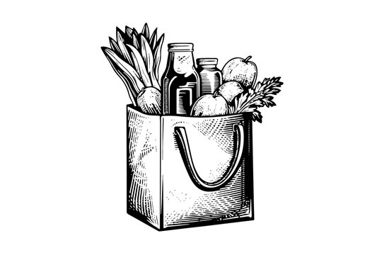 recommend clip art: Grocery bag full of food engraving sketch vector hand-drawn illustration.