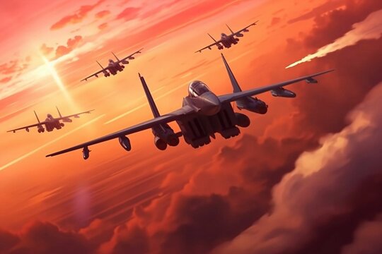 Militar aircraft flying over the clouds in amazing sunset
