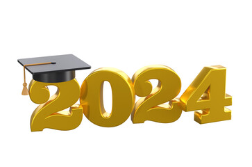 Class of 2024 3d icon. Congratulation graduates design template with cap and numbers. Gold graduation typography illustration for ceremony, party, greeting card, invitation isolated transparent png - 613536728