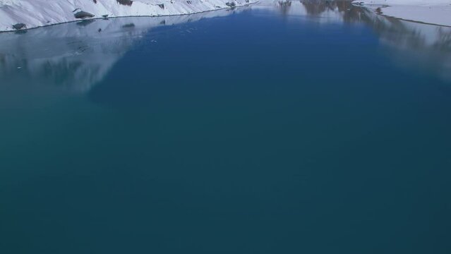Aerial birds eye view blue Tilicho lake surrounded by snowy Himalaya mountains range in Nepal. Annapurna circuit trek.Highest Popular destination - highest Alpine lake in the world